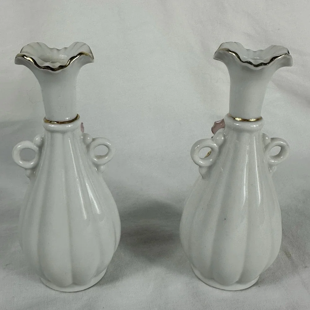 Vintage Pair Miniature Porcelain Bud Vases Pink Applied Roses Gold Trim 5